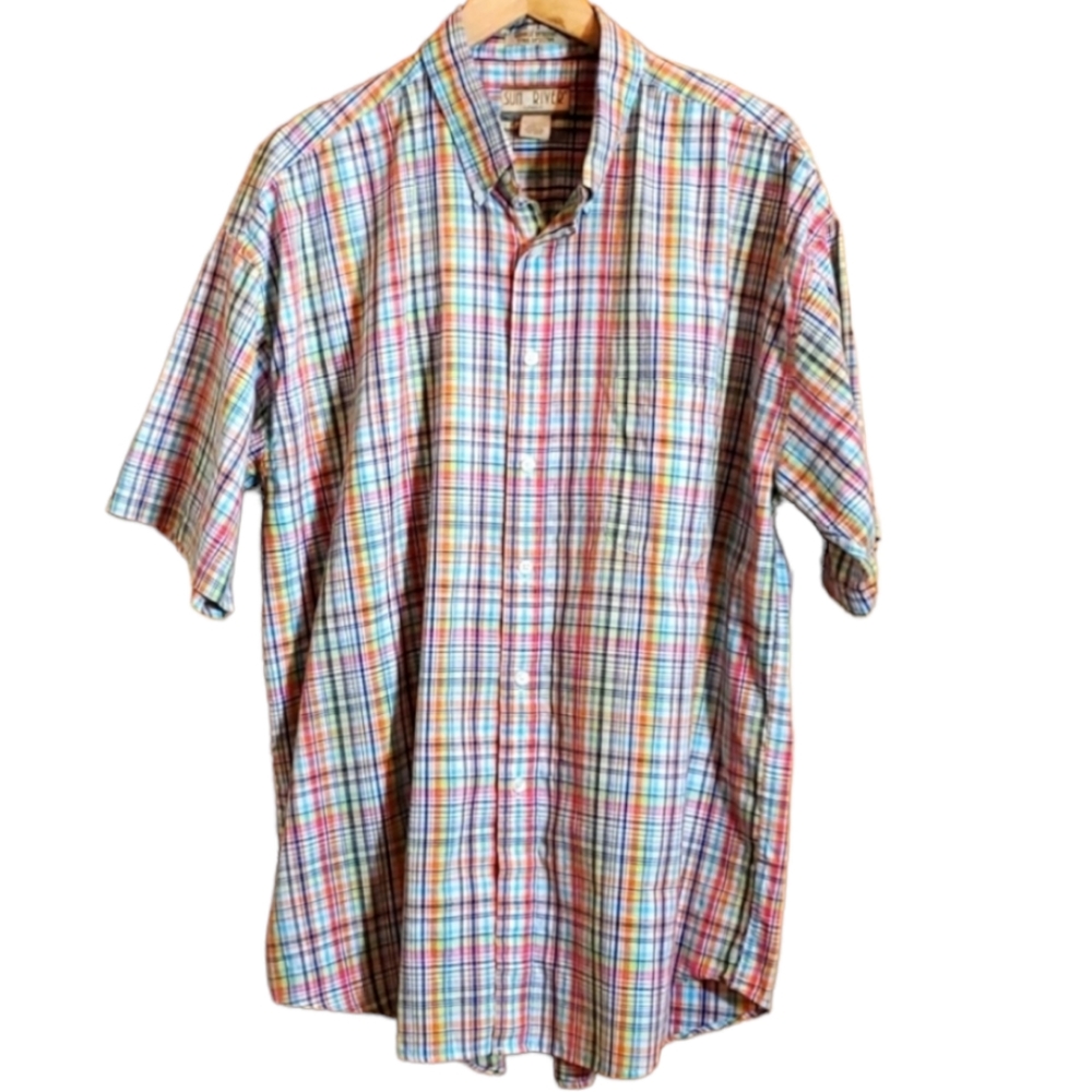 SUN RIVER XL MULTI COLOR PLAID WRINKLE RESISTANT SHORTSLEEVE BUTTON DOWN SHIRT